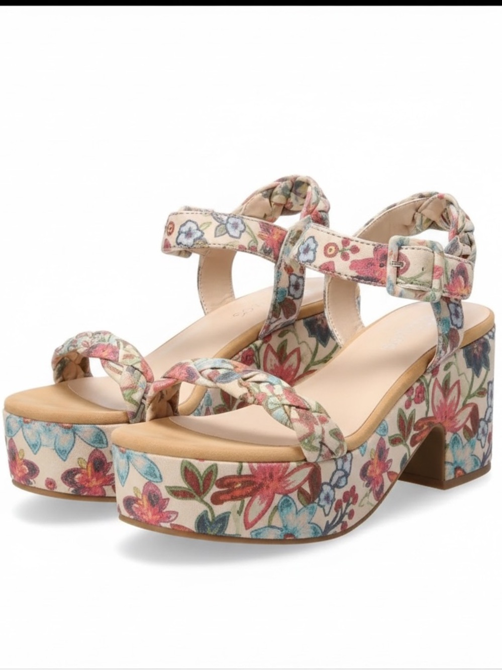 SO Briellee Floral Sandals size 8 Boho Braided Platform Chunky Heel